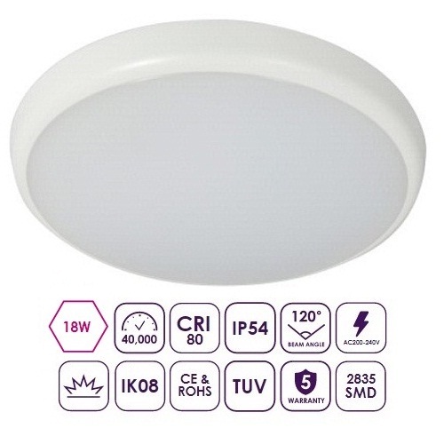 Save Light, 2D-4K-18EMB, Convex Shallow 18W Emergency LED Bulkhead (Cool White)