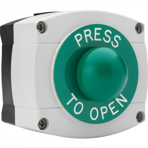 3E0657-GB-PTO, IP66 Surface mount green dome button, grey/black housing, green disc – engraved PTO