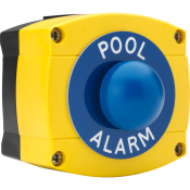 3E0657B-YB-PA, IP66 Surface mount blue dome button, yellow/black housing, blue disc – engraved POOL ALARM