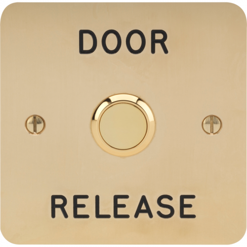 3E0658-4-E-DR, VANDAL RESISTANT 19mm mount 1 Gang 2mm Brass plate Engraved "Door Release"