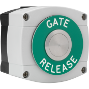 3E0659N-GB-GR, IP66 Surface mount low profile 30mm stainless switch, grey/black housing, green disc – engraved GATE RELEASE