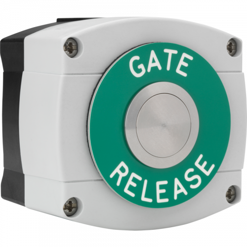 3E0659N-GB-GR, IP66 Surface mount low profile 30mm stainless switch, grey/black housing, green disc – engraved GATE RELEASE