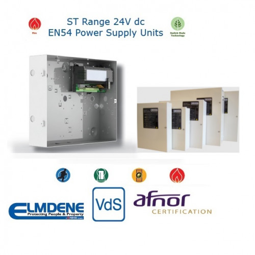 2405ST-E, 24V d.c. PSU (27.6V) 5 Amp to load + 0.8A battery charging, 'E' Box: 420h x 400w x 80d - Hinge lid.