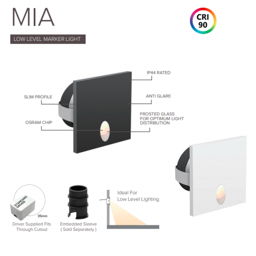 Save Light (MIA-3W-4K) 3W LED MIA LOW LEVEL LIGHT SQUARE CRI: >90, IP44, 50lm 4000K, Cutout: 35mm, Dimension: 45x45x26mm