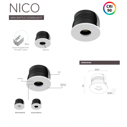 Save Light (NICO-5W-4K) NICO LED 5W Mni Baffled Downlight, cutout 45mm, Dia 50xH35mm  IP44 4000K,  430lm Output DC36V 150mA CRI:>90