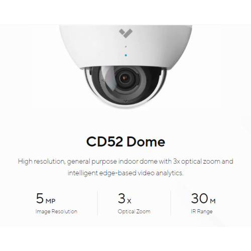 CD52-1TB-HW, Verkada CD52 Indoor Dome Camera, 5MP, Zoom Lens, 1TB of Storage, Maximum 120 Days of Retention