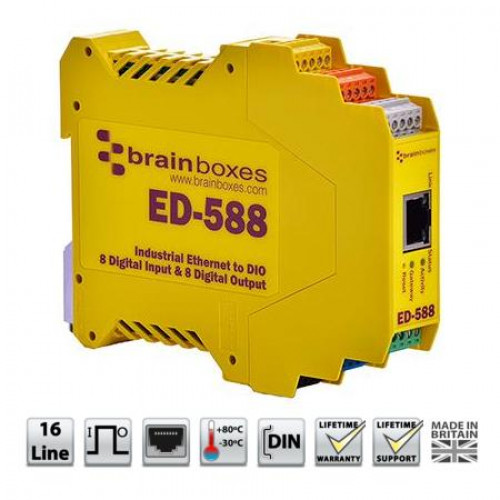 Brainboxes ED-588, Ethernet to 8 Digital Inputs and 8 Digital Outputs + RS485 Gateway