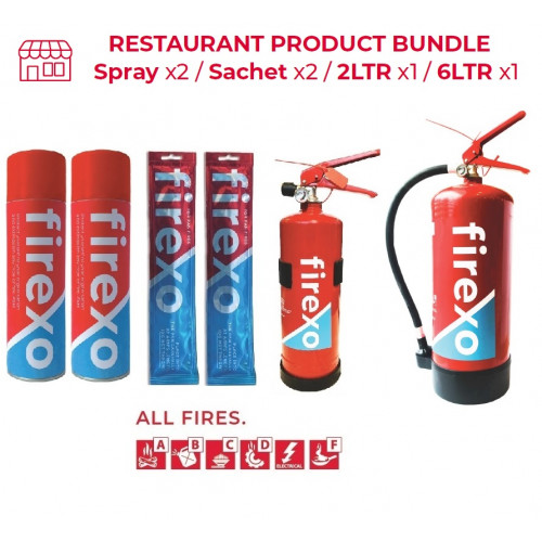 FIREXO-RESTAURANTPACK, RESTAURANT PACK incl. 1 X 6LTR EXTINGUISHER, 1 X 2LTR EXTINGUISHER, 2 X SACHET, 2 X SPRAY