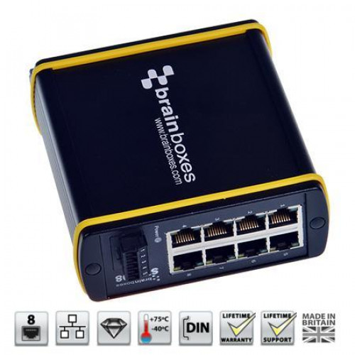 Brainboxes SW-608, Hardened Industrial Ethernet 8 Port Switch DIN Rail Mountable